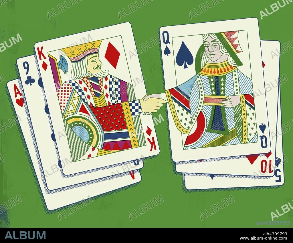 King and queen shaking hands from two hands of playing cards.