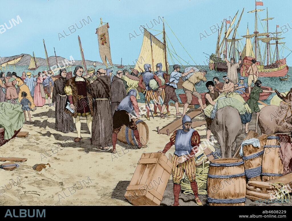 Embarque de Cristobal Colón hacia las Indias en el Puerto de Palos de la Frontera, el 3 de agosto de 1492. Huelva, España. Grabado. "Museo Militar del Ejército Español", Tomo I. Evaristo Ullastres Editor. Barcelona, 1883. Coloreado.