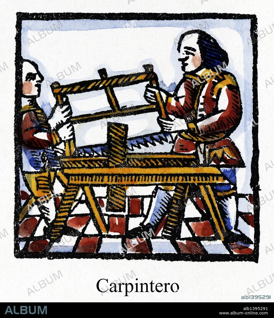 Artes y Oficios de Barcelona desde la Edad Media. Grabado al Boj del siglo XVIII. Carpintero serrando un tablón de madera.