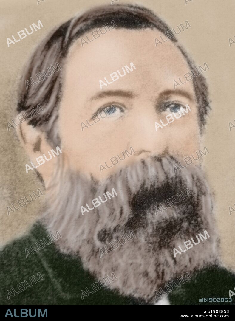 Friedrich Engels (1820-1895). German social scientist, author, political theorist, philosopher, and father of communist theory, alongside Karl Marx. Colored portrait.