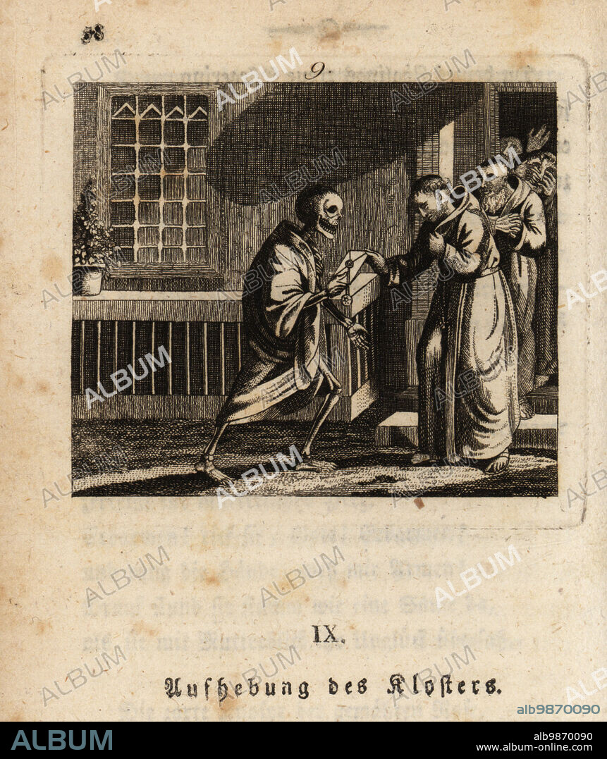 The skeleton of Death, Freund Hans, in cassock gives a letter with wax seal to a monk outside a monastery, 18th century. Other monks in hooded habits watch in horror. Abolition of the monastery. Aushebung des Klosters. Copperplate engraving by Johan Georg Mansfeld after an original by Johann Rudolf Schellenberg from Johan Kark Musauss Freund Heins Erscheinungen in Holbeins Manier, (Apparitions of Death in the manner of Holbein) Mannheim, 1803.