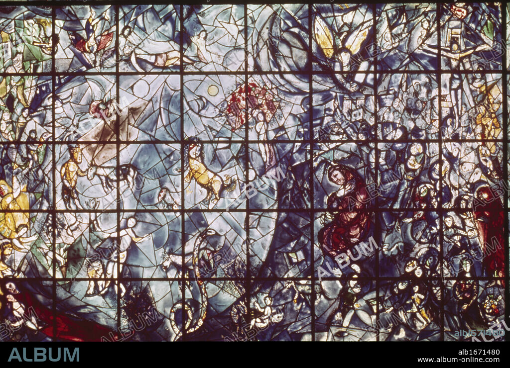 USA, New York City, United Nations Building, Stained Glass by Marc Chagall, 20th Century.