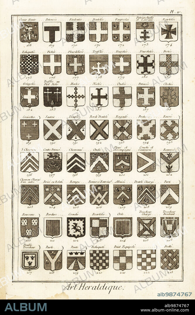 Examples of heraldic terms describing a coat of arms. Includes croix haute, gringolee, macles, patriarchalle et Lorraine, parti, orle, trescheur charge, trescheur brochant, etc. Copperplate engraving by Robert Benard from Blason ou Art Heraldique, the heraldry section from Denis Diderot and Jean-Baptiste le Rond dAlemberts Encyclopedie, published by Brisson, David, Le Breton and Durand, Paris, 1763.