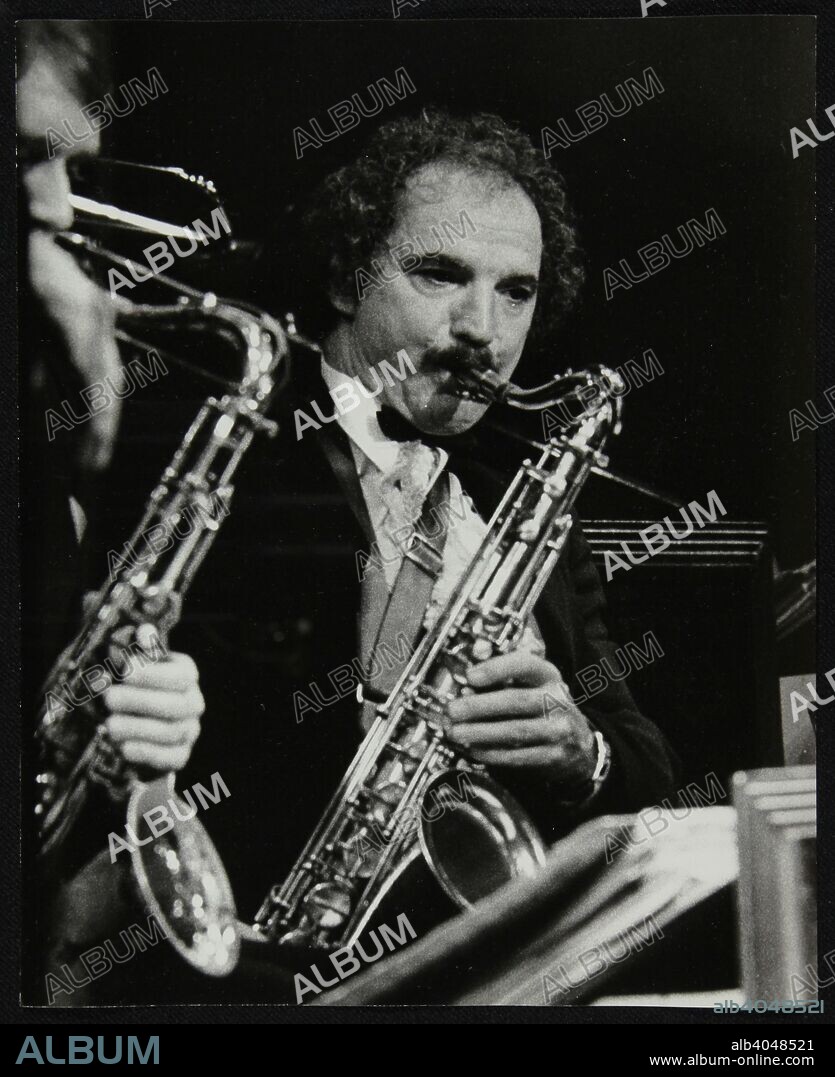 Frank Tiberi, saxophonist with Woody Herman's Orchestra, performing at the Forum Theatre, Hatfield, Hertfordshire, 1983. Tiberi took over as leader of the orchestra after Herman's death in 1987.
