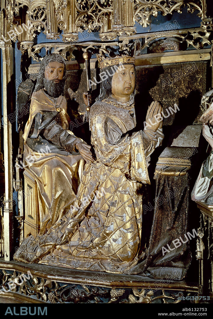GIL DE SILOE. JUAN II GUIADO POR EL APOSTOL SANTIAGO - TALLA EN MADERA POLICROMADA DE ESTILO GOTICO FINAL - SIGLO XV.
