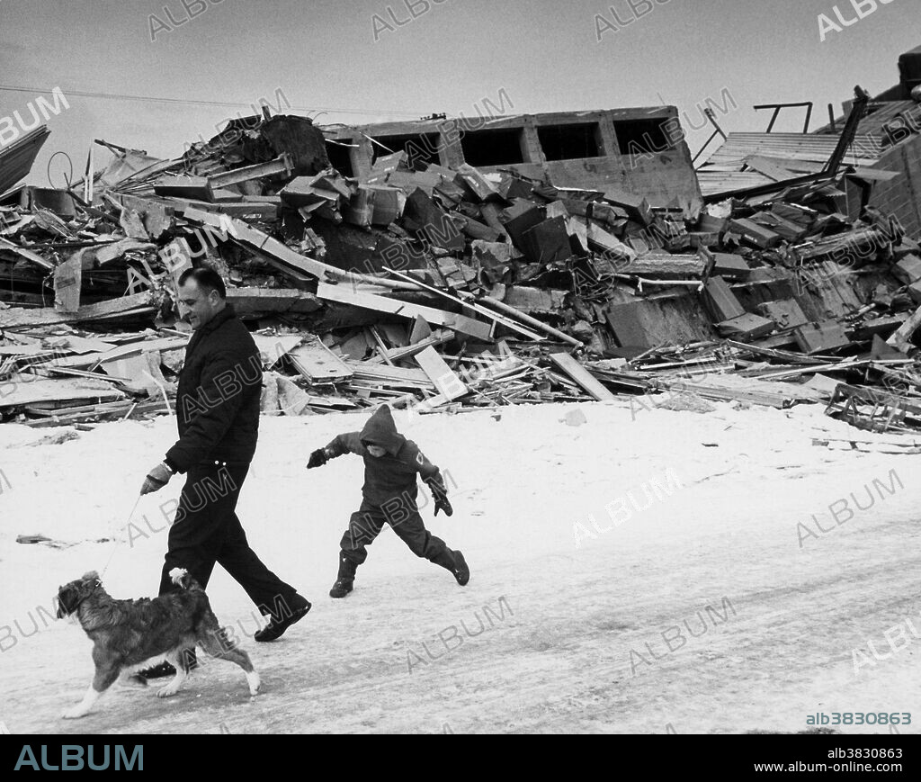 Destruction caused by the Alaska earthquake of 1964. At a magnitude of 9.2, it was the most powerful recorded quake in U.S. and North American history.