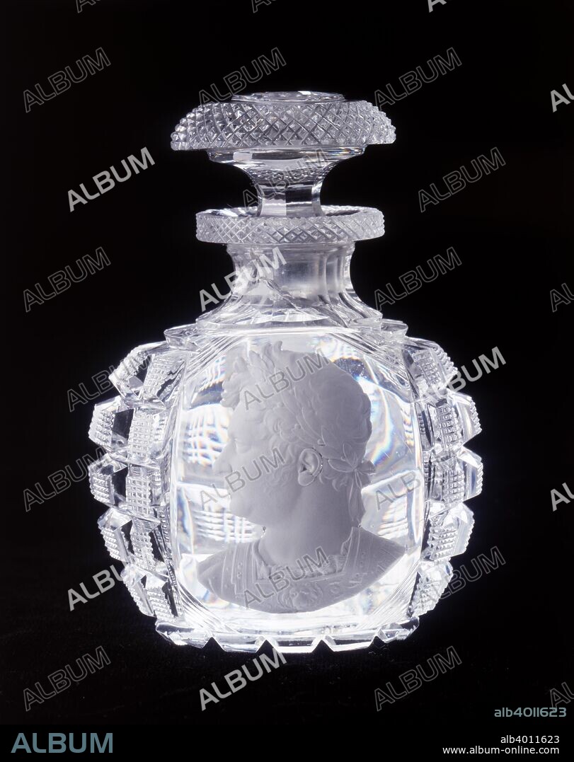Diamond-cut scent bottle with sulphide representing the Prince Regent, c1800. With cut 'mushroom' stopper.