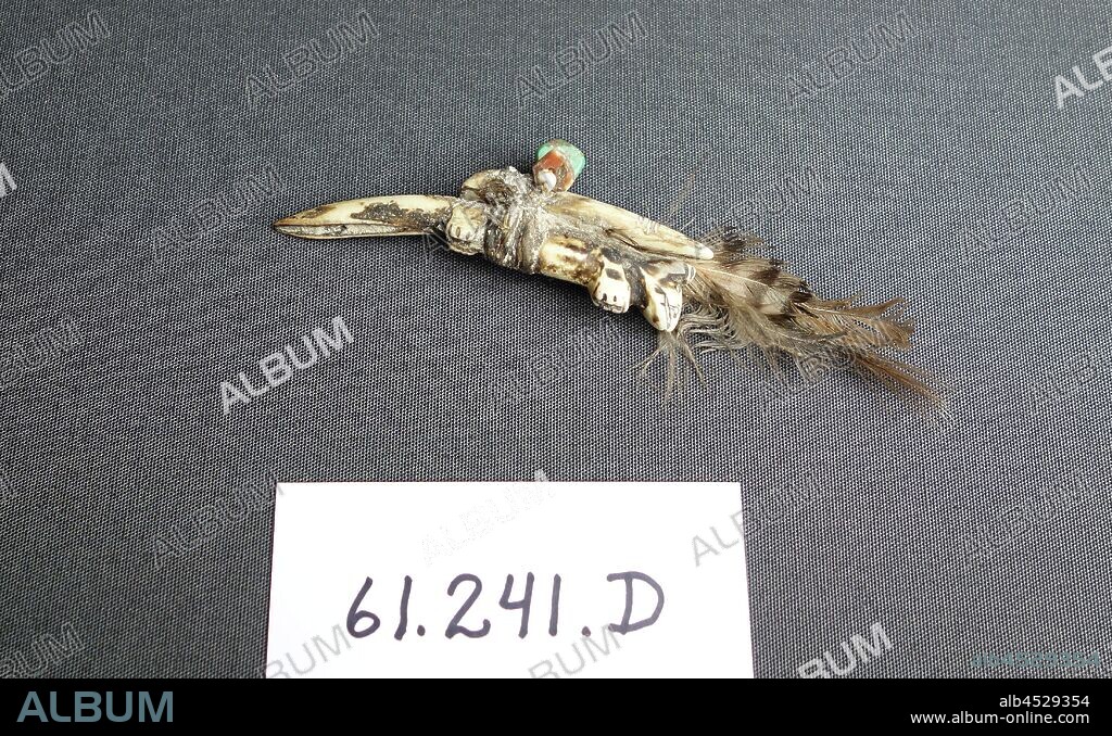 Zuni, Native American, Fetish, late 19th century, bone, feathers, sinew, shell, and turquoise, Overall: 5 1/4 × 1 3/4 × 5/8 inches (13.3 × 4.4 × 1.6 cm).