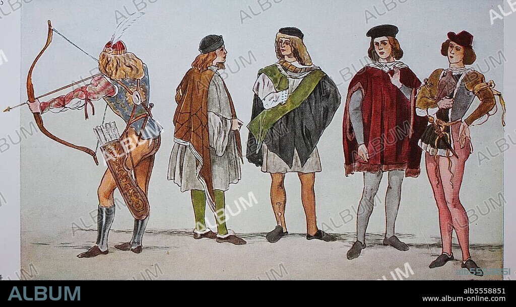Kleidung, Mode in Italien, frühe Renaissance von 1480-1495, von links, ein Bogenschütze und junge Venezianer in unterschiedlicher Kleidung, digital restaurierte Reproduktion einer Originalvorlage aus dem 19. Jahrhundert.