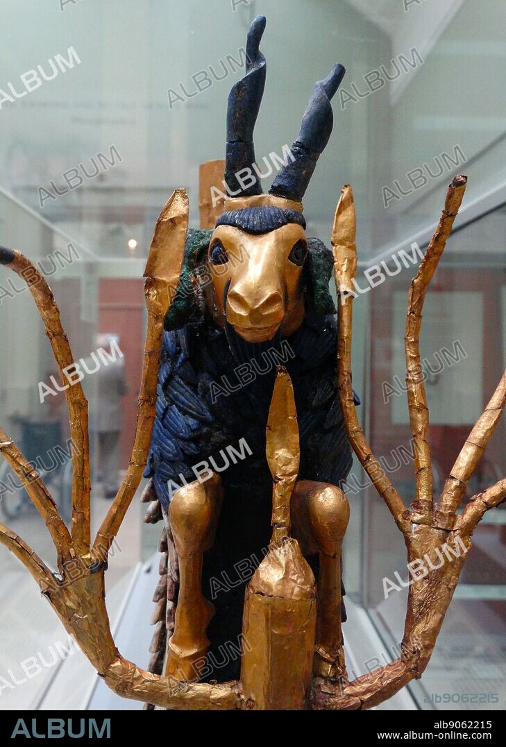 statuette of a Ram in a Thicket. inlaid wood, silver, shell, limestone, lapis lazuli and gold. Early Dynastic III. Ur. Found at the Royal Cemetery, Ur, Iraq. dated to 2600BC.