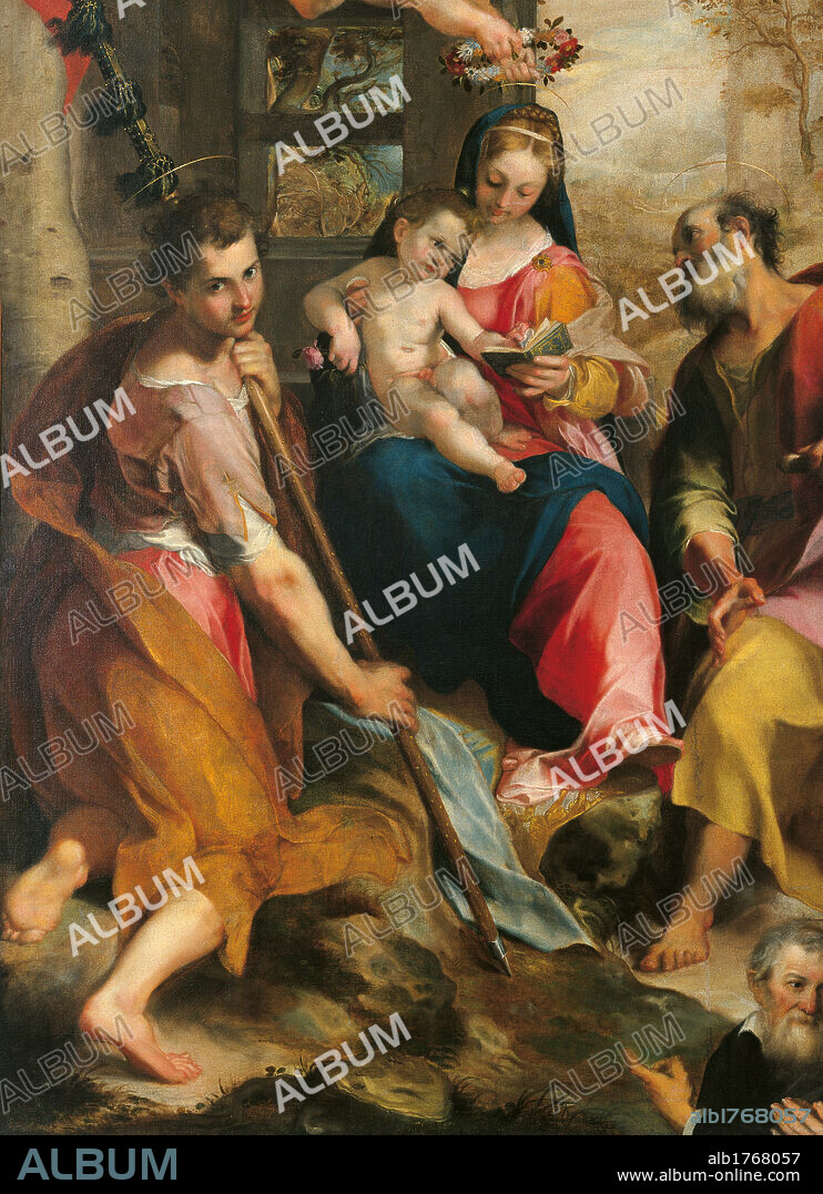 Madonna and Child with St Simon and St Jude (Madonna di San Simone), by Federico Fiori known as Barocci (or Baroccio), 1567 about, 16th Century, painting on canvas, cm 283 x 190. Italy, Marche, Pesaro Urbino, Urbino, Marche National Gallery. The painting was commissioned for the church of San Francesco in Urbino in about 1567. Detail. Virgin Mary Jesus Baby Child St Simon St Jude Thaddeus martyrs crown flowers garland book prayers man commissioner drapes pink yellow red. Authorization required for non editorial use.