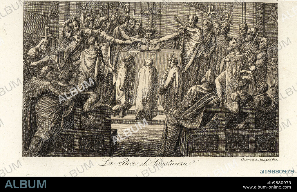 The Peace of Constance, 1183. Frederick I, Holy Roman Emperor, and his son Henry VI, King of the Romans, grant peace to the members of the Lombard League. La Pace di Costanza. Handcoloured copperplate engraving by Giarre and Stanghi after a design by Giuseppe Bossi from Giulio Ferrarios Costumes Ancient and Modern of the Peoples of the World, Il Costume Antico e Moderno, Florence, 1845.
