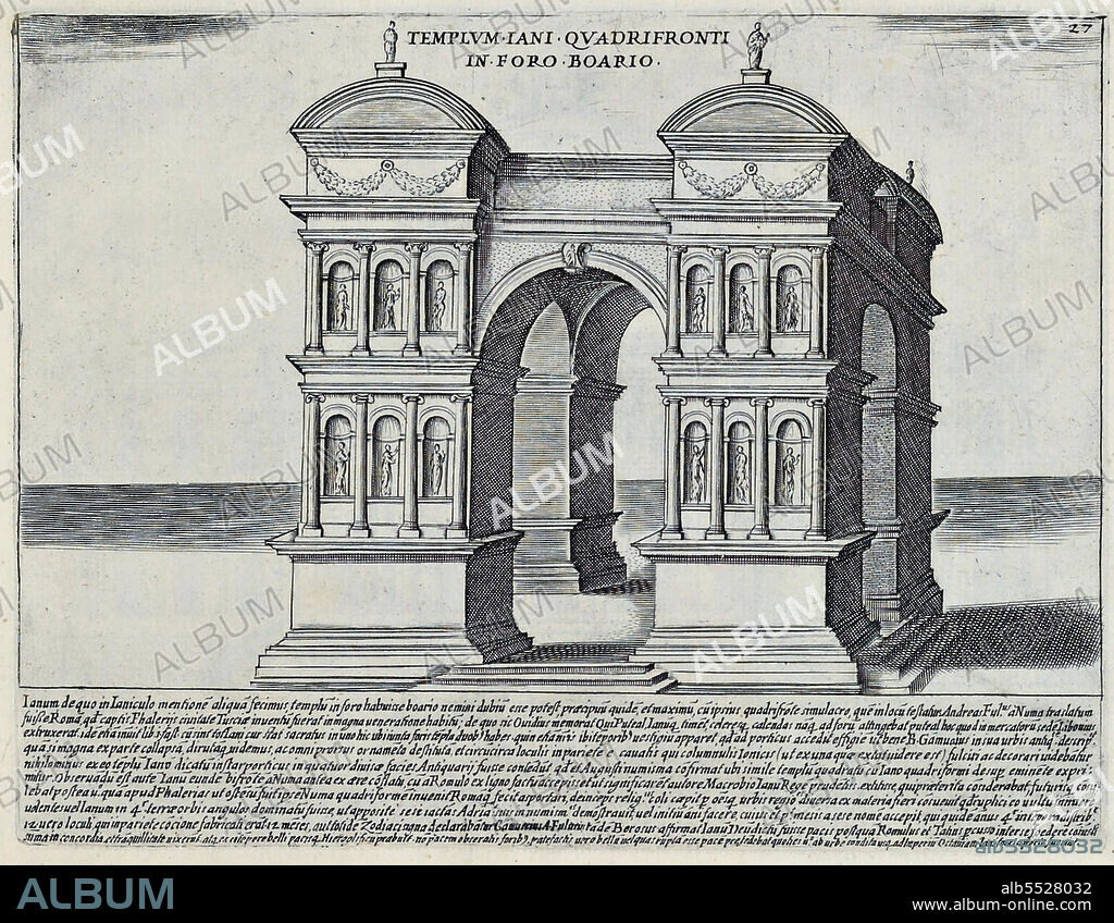 Templum Iani Quadrifronti In Foro Boario, Dieser massive Bogen des Janus Quadrifrons am Velabrum markiert die nordostliche Grenze des Forum Boarium, dem Viehmarkt des antiken Roms. Er wurde aus Ziegeln mit einer Verkleidung aus weissem Marmor errichtet. Das Bauwerk wurde wahrscheinlich von Kaiser Konstantin I. dem Grossen (306-337) errichtet und wurde auch Arcus Constantini genannt, historisches Rom, Italien, Splendore Dell' Antica Roma: The Splendors of Rome, Circa 1625 .