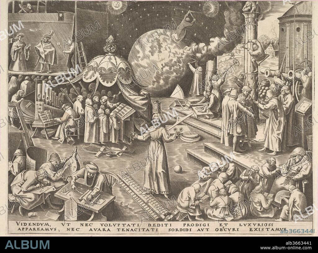 Temperance (Temperantia) from The Virtues. Artist: After Pieter Bruegel the Elder (Netherlandish, Breda (?) ca. 1525-1569 Brussels); Philips Galle (Netherlandish, Haarlem 1537-1612 Antwerp). Dimensions: Sheet: 9 5/8 x 12 5/16 in. (24.4 x 31.2 cm)
Plate: 8 3/4 x 11 7/16 in. (22.3 x 29.1 cm). Publisher: Hieronymus Cock (Netherlandish, Antwerp ca. 1510-1570 Antwerp). Date: ca.1559-60.
Bruegel's design for Temperance depicts a maelstrom of human activity collapsed into an impossible space. Figures crowd the print in clusters of activity that bleed into one another, from choir singers accompanied by a small orchestra to actors performing for a rapt audience to cosmographers futilely attempting to measure a smoke-billowing, swiftly rotating earth. Groups of surveyors occupy the rightmost edge of the image, gauging fortifications and artillery, while in the foreground students furiously read and transcribe texts, and lenders busily settle their accounts. Anything but temperate, the image juxtaposes the central figure--a personification of temperance and the virtue upon which the study of the liberal arts was supposed to be based--with the chaotic reality of human experience.