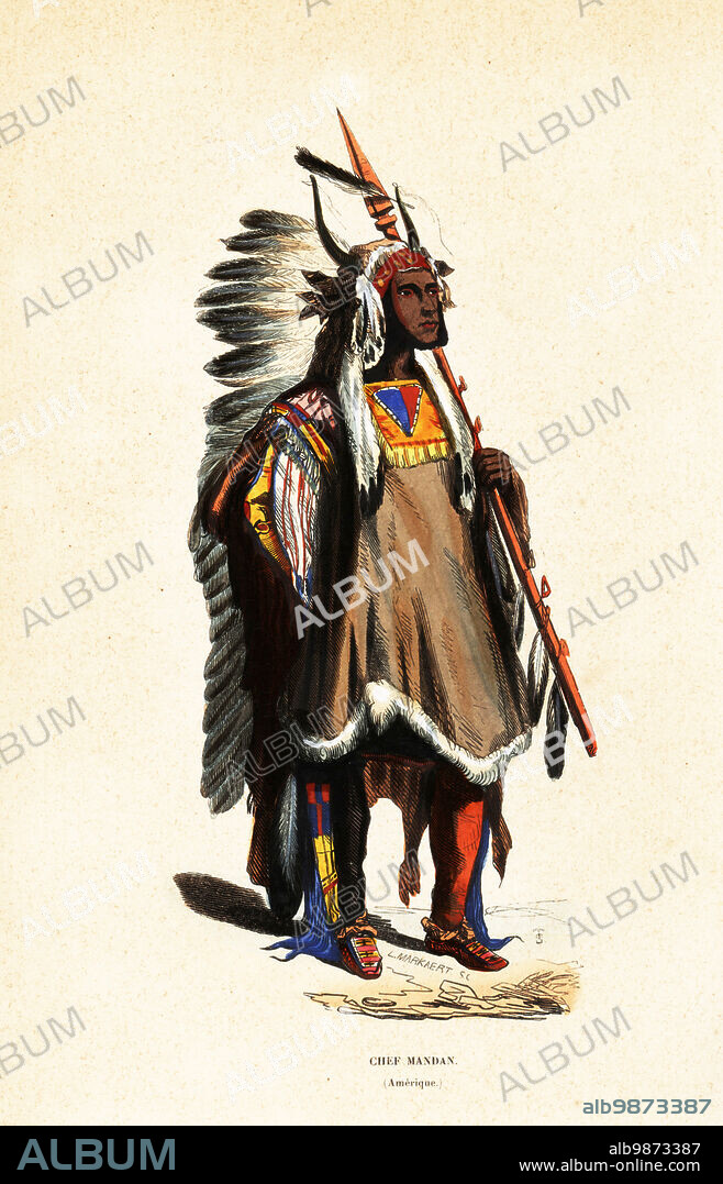 Mato-tope or Four Bears, Chief of the Mandan people. He rests a lance against his shoulder and wears a headdress of buffalo horns and eagle feathers, shirt of painted bighorn leather, leggings and mocassins. Chef Mandan (Amerique). Copied from a portrait by Karl Bodmer in Travels in the Interior of North America, by Prince Maximilian of Wied, 1839. Handcoloured woodcut by T.S. and L. Markaert after a portrait by Karl Bodmer from Auguste Wahlen's Moeurs, Usages et Costumes de tous les Peuples du Monde, (Manners, Customs and Costumes of all the People of the World) Librairie Historique-Artistique, Brussels, 1845. Wahlen was the pseudonym of Jean-Francois-Nicolas Loumyer (1801-1875), a writer and archivist with the Heraldic Department of Belgium.