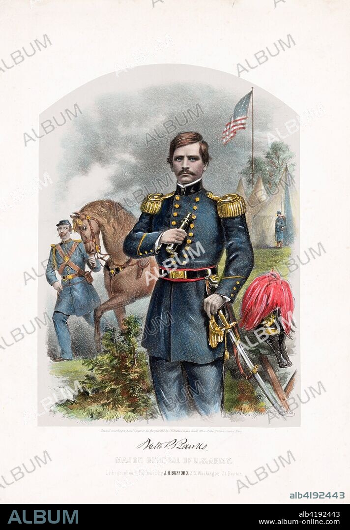 Nathaniel P. Banks, Major General of U.S. Army, pub. 1861 (colour lithograph). Major General Nathaniel Prentice Banks (1816-1894) in ceremonial dress; American Civil War;  Union Army; Politician.