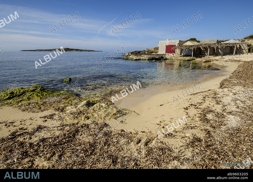 Can Curt beach and fisher house, Ses Salines, Mallorca, Balearic Islands, Spain.