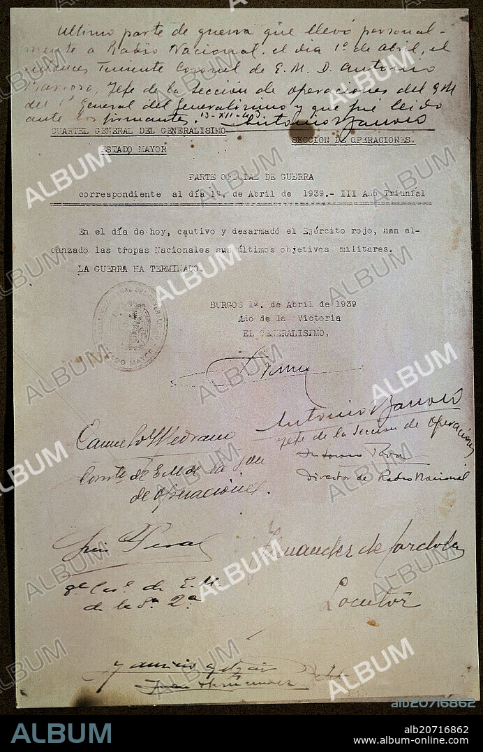 ACTA DEL FIN DE LA GUERRA CIVIL ESPAÑOLA EL 1/4/1939 - ULTIMO PARTE DE GUERRA FIRMADO POR FRANCO.