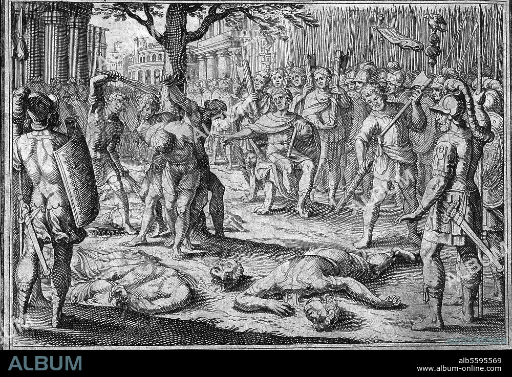 MATTHÄUS MERIAN L'ANCIEN. Roman History / 2nd Samnite War. 326-304 BC. Roman tribunal of the Etruscan town Tarquinia (311). Copper engraving by Matthaeus Merian t. E. (1593-1650). From: Joh. Ludw. Gottfried, Historische Chronica (...), Frankfurt a. M. (Merian). 1630. Berlin, Sammlung Archiv für Kunst und Geschichte.