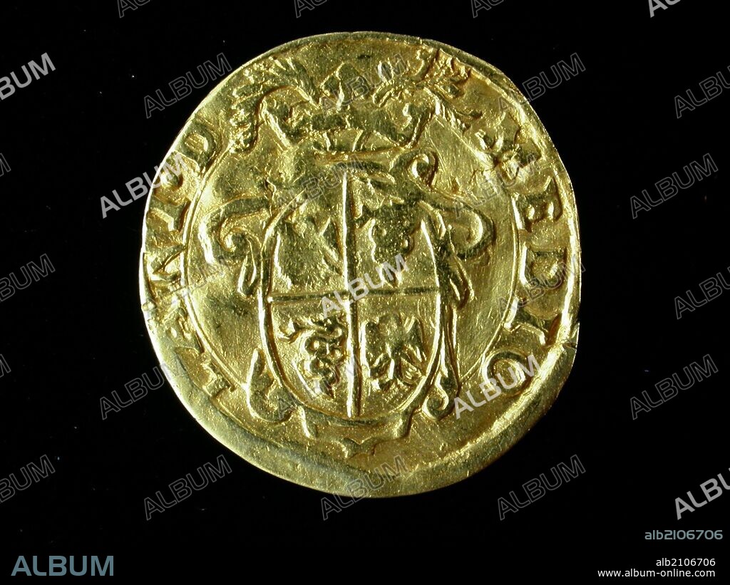 NUMISMATICA. MONEDA MODERNA. DUCADO O CORONA DE ORO, DE FELIPE II. REVERSO. ARMAS DE MILAN, UN AGUILA Y UNA GUIVRE, EN ESCUDO CORONADO.1556. (DEPOSITO: MUSEO ARQUEOLOGICO NACIONAL).