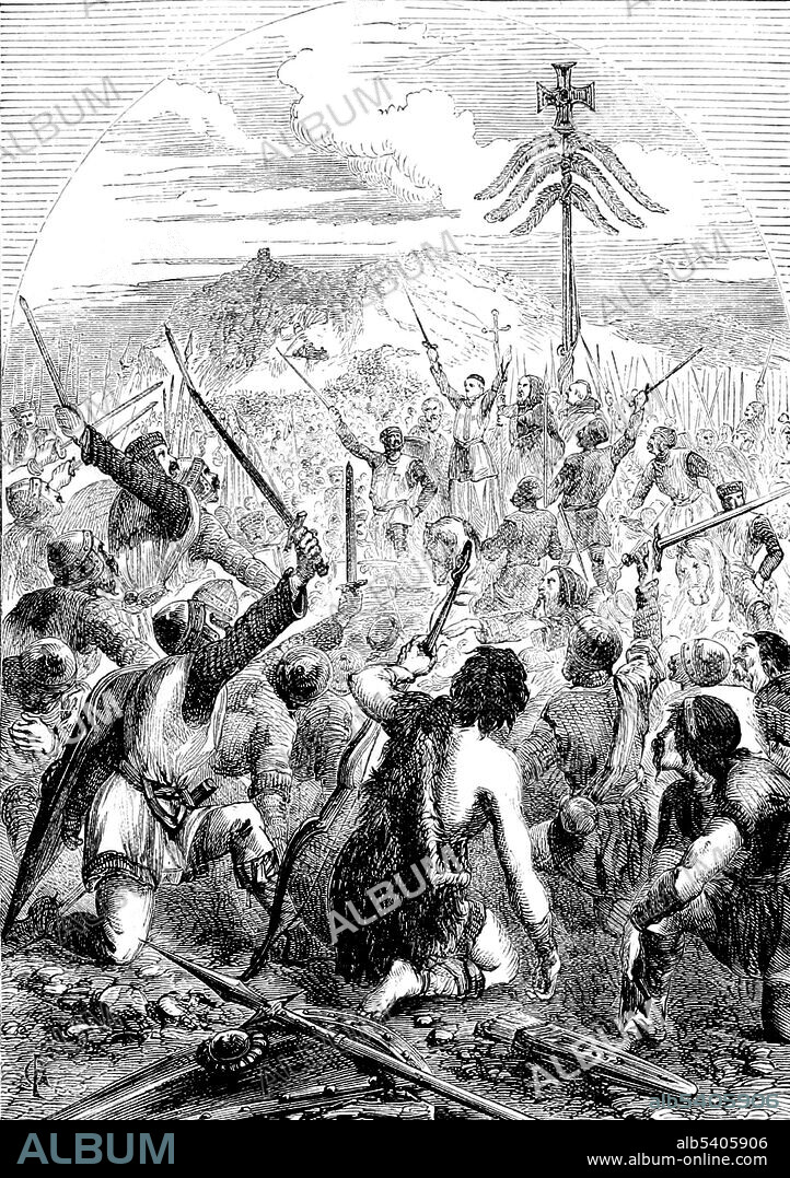 The Battle of the Standard took place on August 22, 1138. English forces under William le Gros repelled a Scottish army led by King David I of Scotland. King David had entered England for two reasons: to support his niece Matilda's claim to the English throne and to enlarge his kingdom. Archbishop Thurstan of York preached that to withstand the Scots was to do God's work. The center of the English position was marked by a mast bearing a pyx carrying the consecrated host and flying the banners of the minsters of Durham, York, Beverley and Ripon. Despite losing the battle, David was given most of the territorial concessions he had been seeking. Cassell's Illustrated History of England, 1865 (cropped and cleaned).