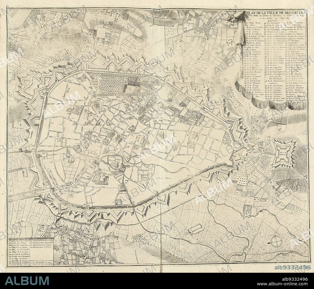 Map of Brussels, 1711, Plan de la ville de Brusseles (title on object), Map of Brussels, 1711. Top right legend 1-100, bottom left continuation 101-114. Part of a bundled collection of plans of battles and cities renowned in the War of the Spanish Succession., print maker: J.G. Harrewijn (II) (mentioned on object), publisher: Eugene Henry Fricx (mentioned on object), Brussels, 1711, paper, etching, engraving, height 510 mm × width 600 mm.