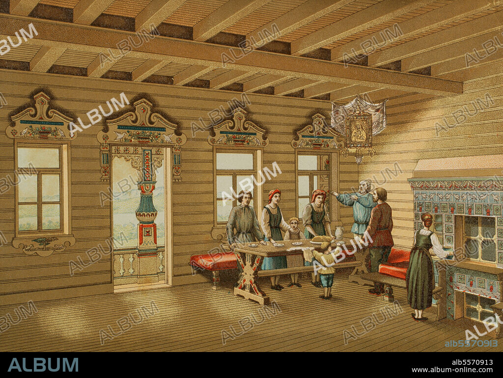 Isba. Tradicional vivienda campesina rusa, construida de madera. Interior de una isba. Cromolitografía. Historia Universal, por César Cantú. Tomo VII. Publicado en Barcelona, 1886.