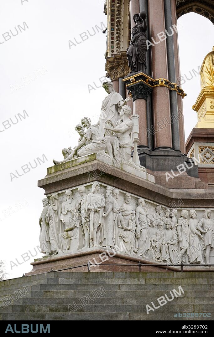 The Albert Memorial in Kensington Gardens, London. Commissioned by Queen Victoria in memory of her beloved husband, Prince Albert who died of typhoid in 1861. The memorial was designed by Sir George Gilbert Scott in the Gothic Revival style. Opened in July 1872 by Queen Victoria.