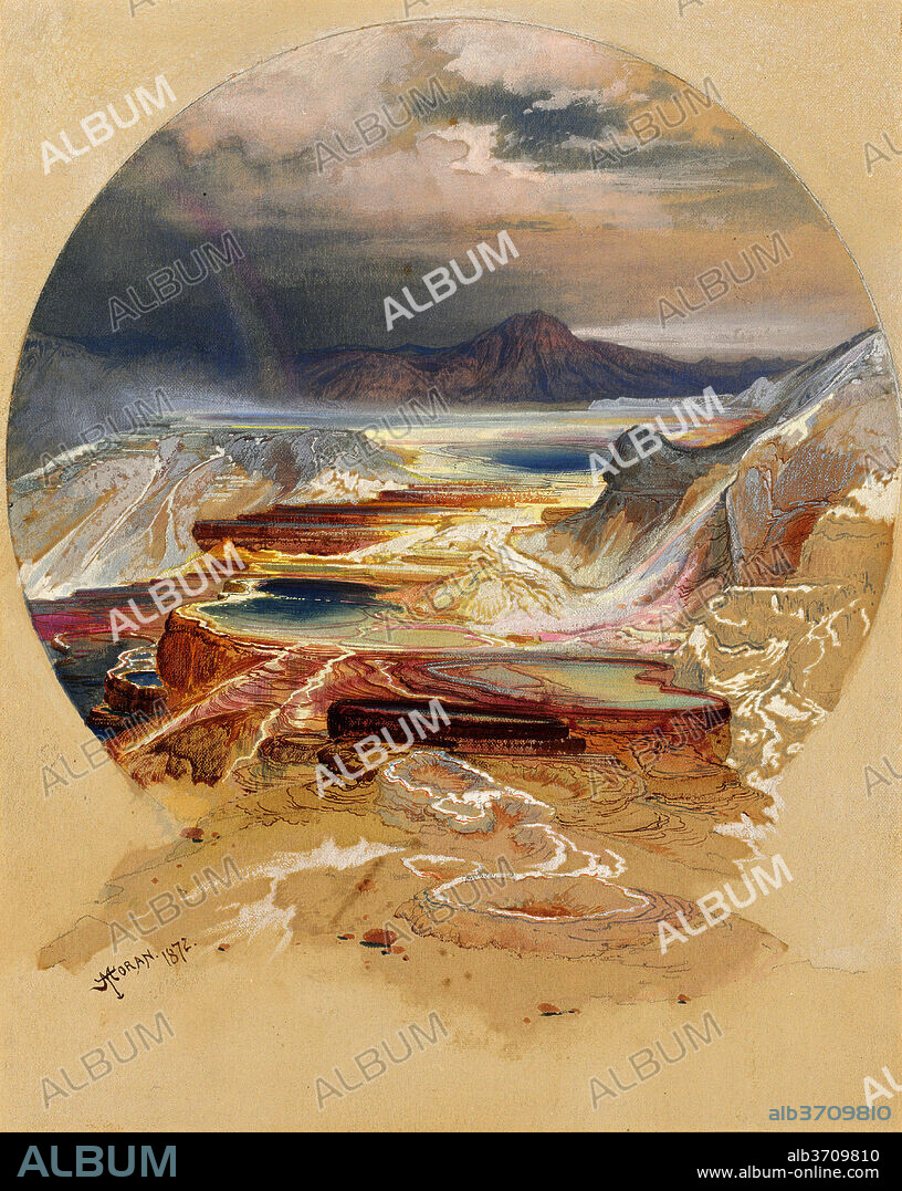 THOMAS MORAN. Minerva Terrace, Yellowstone. Dated: 1872. Dimensions: sheet: 28.58 × 22.86 cm (11 1/4 × 9 in.)  mount: 30.48 × 26.67 cm (12 × 10 1/2 in.). Medium: watercolor and gouache over graphite on blue paper.