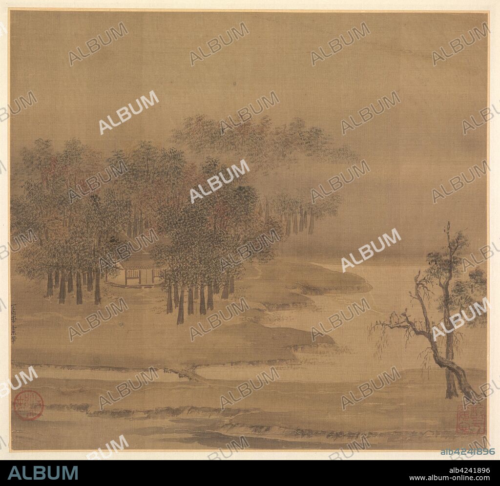 Cottages in a Misty Grove in Autumn, 1117. Li Anzhong (Chinese, active first half of the 1100s). Album leaf, ink and color on silk; overall: 24.2 x 26.3 cm (9 1/2 x 10 3/8 in.).