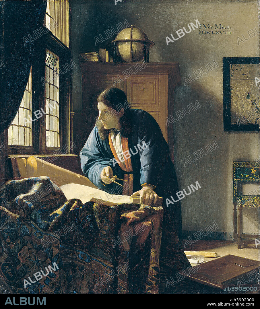 JAN VERMEER. The Geographer. Date/Period: 1669. Painting. Oil. Width: 45.4 cm. Height: 51.6 cm (Complete).