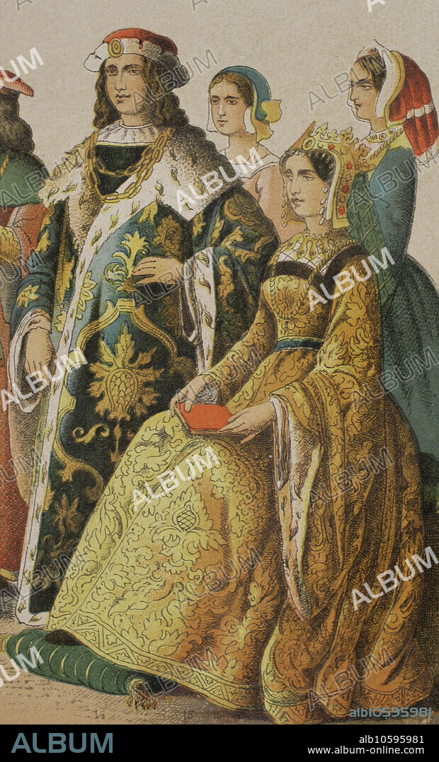 Enrique VI de Inglaterra (1421-1471) y su esposa, la reina consorte Margarita de Anjou (1430-1482). Cromolitografía. "Historia Universal", por César Cantú. Tomo VI, 1885.