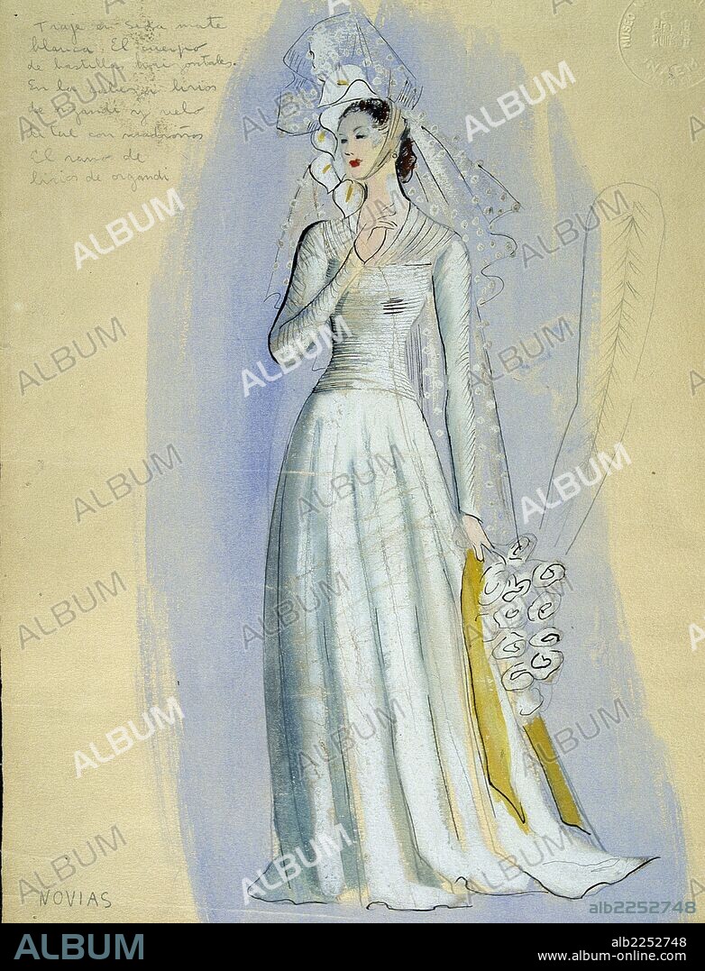 TEATRO. FIGURINES. FIGURIN PARA NOVIA DE EMILIO BURGOS, AÑO 1943. PARA LA OBRA DE TEATRO         "NI POBRE NI RICO SINO TODO LO CONTRARIO" DE TONO Y MIGUEL MIHURA. MUSEO NACIONAL DEL TEATRO. ALMAGRO.