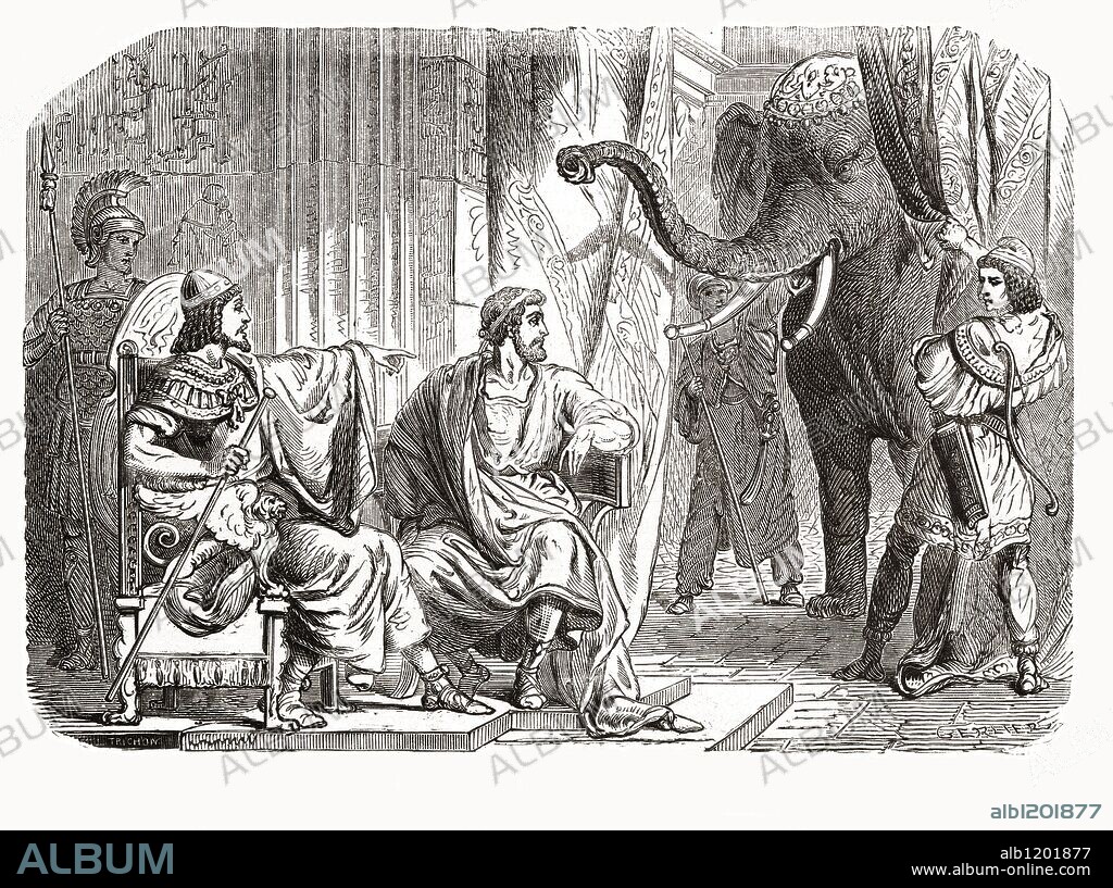 Cayo Fabricio, apodado Luscino. Consul romano en 282 y 278 a.JC. Negociador con el Rey Pirro, de Epiro en el 280 a.JC, se mostró incorruptible e insensible a las amenazas de este rey. Grabado de 1866.