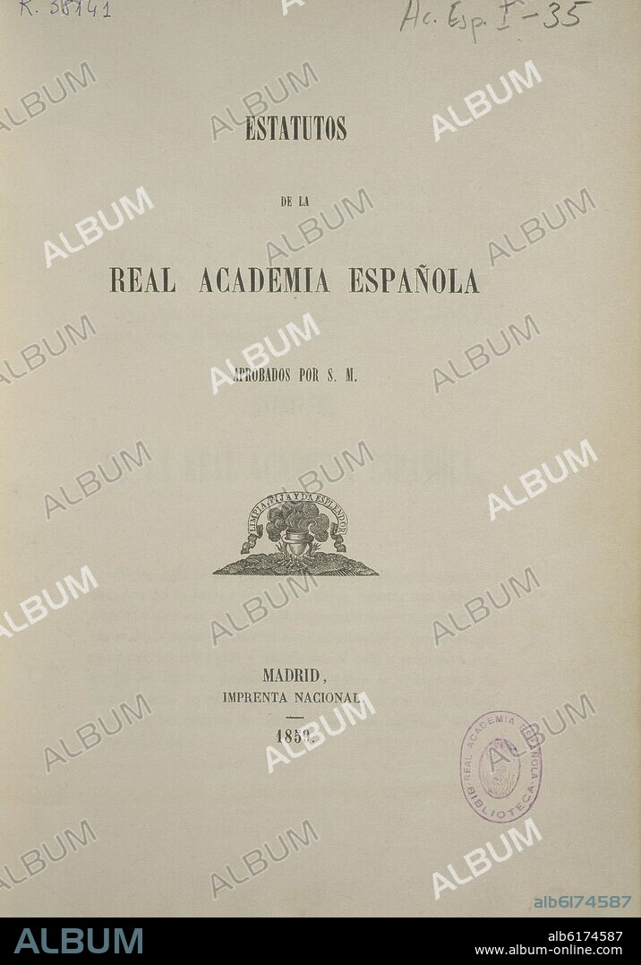 PORTADA DE LOS ESTATUTOS DE LA REAL ACADEMIA  DE LA LENGUA - 1859.