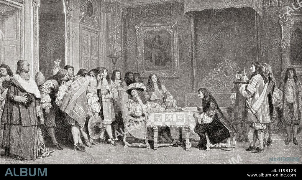 Louis XIV and Moliere, after the painting by Jean-Leon GerÃ´me.   Louis XIV, 1638 - 1715, aka Louis the God-Given, Louis the Great or the Sun King.  King of France. Jean-Baptiste Poquelin, known by his stage name Moliere, 1622 - 1673. French playwright and actor.  From Hutchinson's History of the Nations, published 1915.