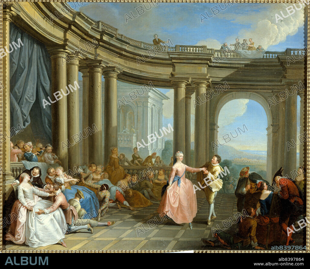 JEAN-BAPTISTE PATER und SEBASTIEN LECLERC. Le menuet, 18th century. The Minuet. Baroque dance, popular at the court of Louis XIV. Musicians, dancers and commedia dell'arte characters. The setting influenced by 'A Feast held in a Circular Portico of the Ionic Order' by Giovanni Paolo Panini.