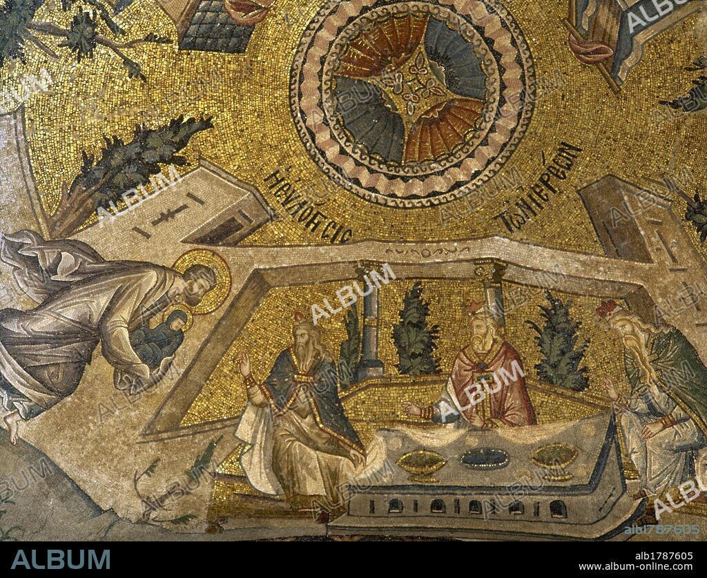 ARTE BIZANTINO. TURQUIA. SAN SALVADOR EN CHORA o KARIYE CAMII. Detalle de uno de los numerosos mosaicos que decoran las paredes de la iglesia con la representación de María en los brazos de Joaquín. Datados entre los años 1315 y 1521. ESTAMBUL.