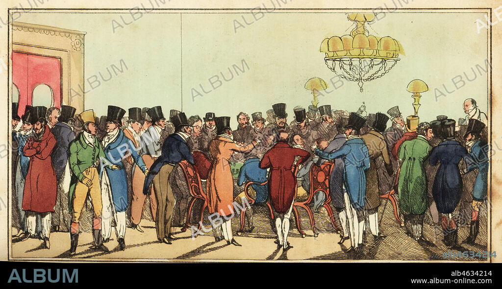 Regency dandies in a gambling hell, 40 Pall Mall, London. Gentlemen playing card games and betting at green baize tables. A Modern Hell, Bobs first introduction to gaming. Handcoloured copperplate engraving after an illustration by Henry Alken from Real Life in London, or, the Further Rambles and Adventures of Bob Tallyho, Esq. and His Cousin The Hon. Tom Dashall, through the Metropolis, Jones, London 1821. Anonymous imitation of Pierce Egans Life in London.