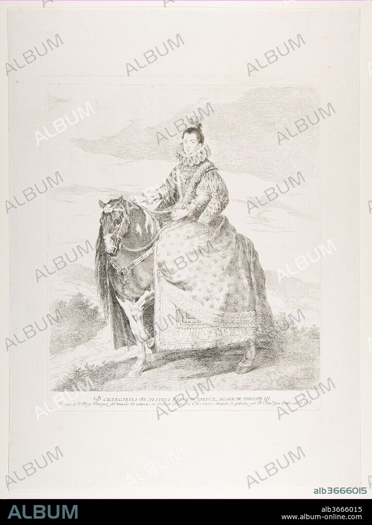 GOYA (FRANCISCO DE GOYA Y LUCIENTES) und AFTER VELÁZQUEZ (DIEGO RODRÍGUEZ DE SILVA Y VELÁZQUEZ). Margaret of Austria on horseback, after Velázquez. Artist: Goya (Francisco de Goya y Lucientes) (Spanish, Fuendetodos 1746-1828 Bordeaux); After Velázquez (Diego Rodríguez de Silva y Velázquez) (Spanish, Seville 1599-1660 Madrid). Dimensions: Plate: 14 5/8 × 12 1/4 in. (37.2 × 31.1 cm)
Sheet: 23 9/16 × 15 13/16 in. (59.8 × 40.1 cm). Sitter: Margaret of Austria, Queen of Spain (Spanish (born Austria), Graz 1584-1611 San Lorenzo de El Escorial). Date: 1778.