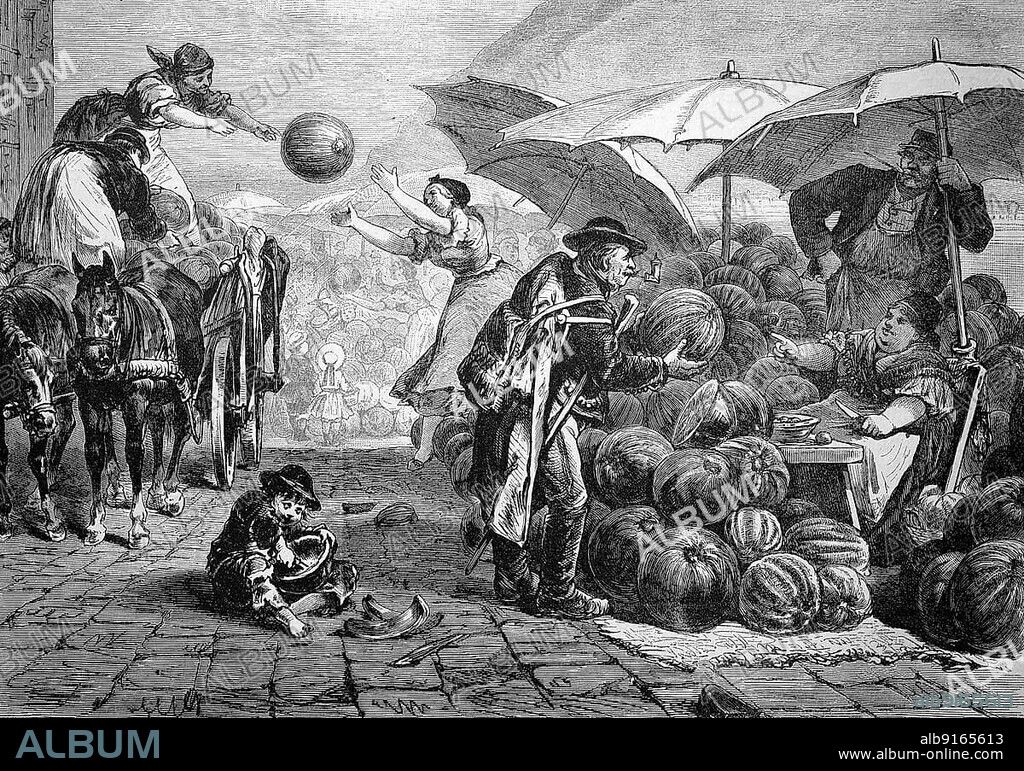 Melon market in Budapest, 1880, Hungary, Historic, digitally restored reproduction of an original 19th century painting, exact original date unknown