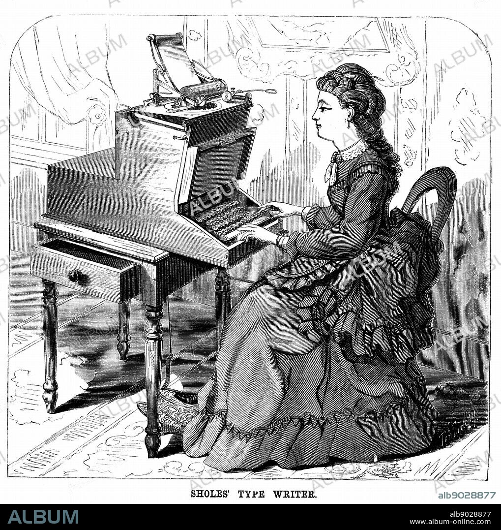 Woman using typewriter by American inventor Christopher Latham Sholes (1819-1890). Forerunner of 20th century machine, keys had piano action and the carriage moved one space to left for each character struck and keyboard had Qwerty layout. Sholes sold out to Remington in 1874. From 'Scientific American' (New York 1872). Wood engraving.