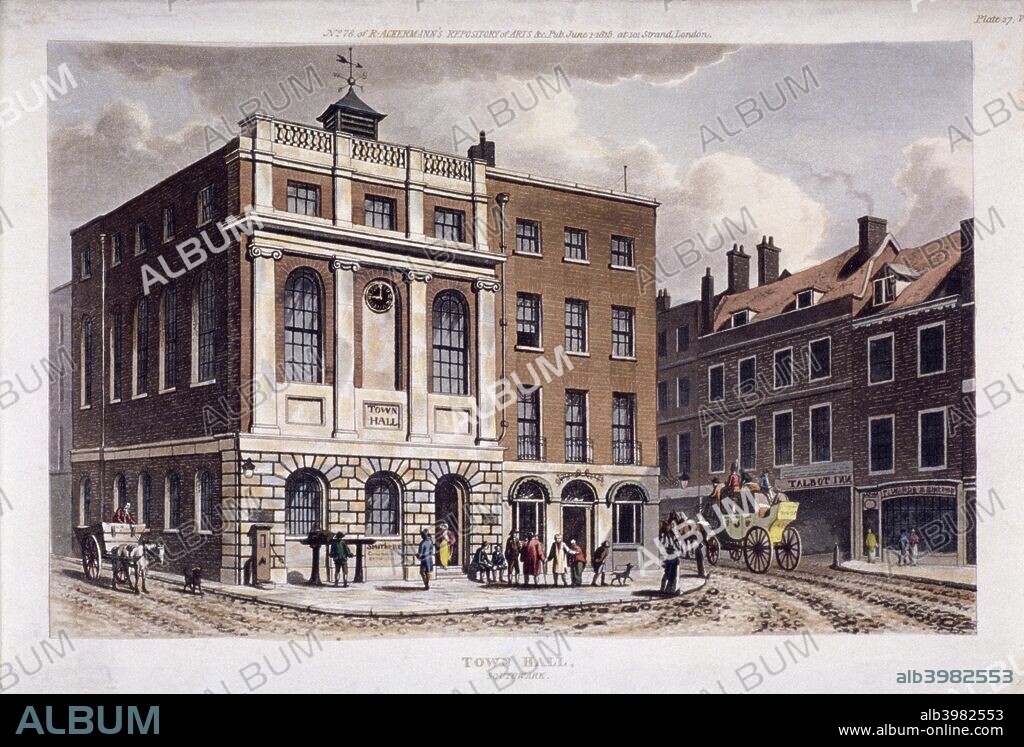 View of Southwark Town Hall, Southwark, London, 1815; shows figures in the street and a carriage just leaving the Tabard Inn on Borough High Street. The inn was the meeting place of the pilgrims in Chaucers' 'Canterbury Tales.