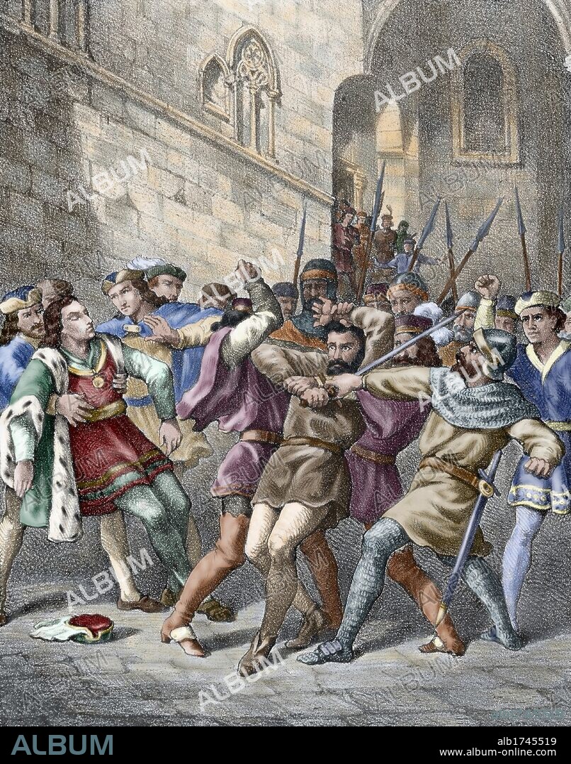 ALZAMIENTO DE LOS CAMPESINOS REMENSAS. Hecho acaecido en el s. XV. La Sentencia Arbitral de Guadalupe (1486) puso fin a esta revolución agraria. "TENTATIVA DE ASESINATO DEL REY FERNANDO II EL CATOLICO EN BARCELONA, EL 18 DE OCTUBRE DE 1492, POR UN VASALLO REMENSA". Grabado coloreado.