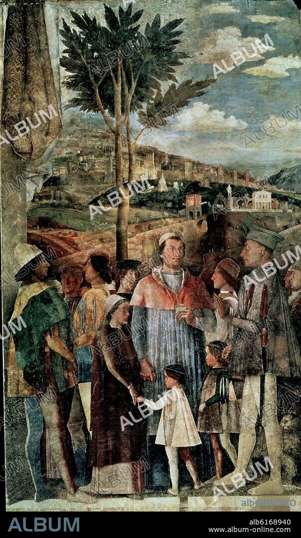 ANDREA MANTEGNA (1431-1506). FRESCOS DE LA CAMARA DE LOS ESPOSOS - GONZAGA ENCONTRANDOSE CON SU HIJO - SIGLO XV - RENACIMIENTO ITALIANO.