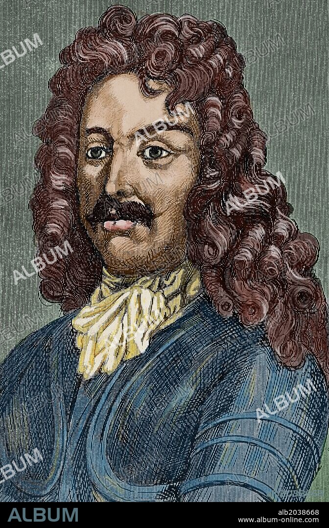 James Fitz-James, primer Duque de Berwick (1670-1734), Militar francés, hijo ilegítimo del rey Jacobo II de Inglaterra y VII de Escocia y de Arabella Churchill, hermana del duque de Marlborough. Grabado coloreado. "Historia de España", 1882.