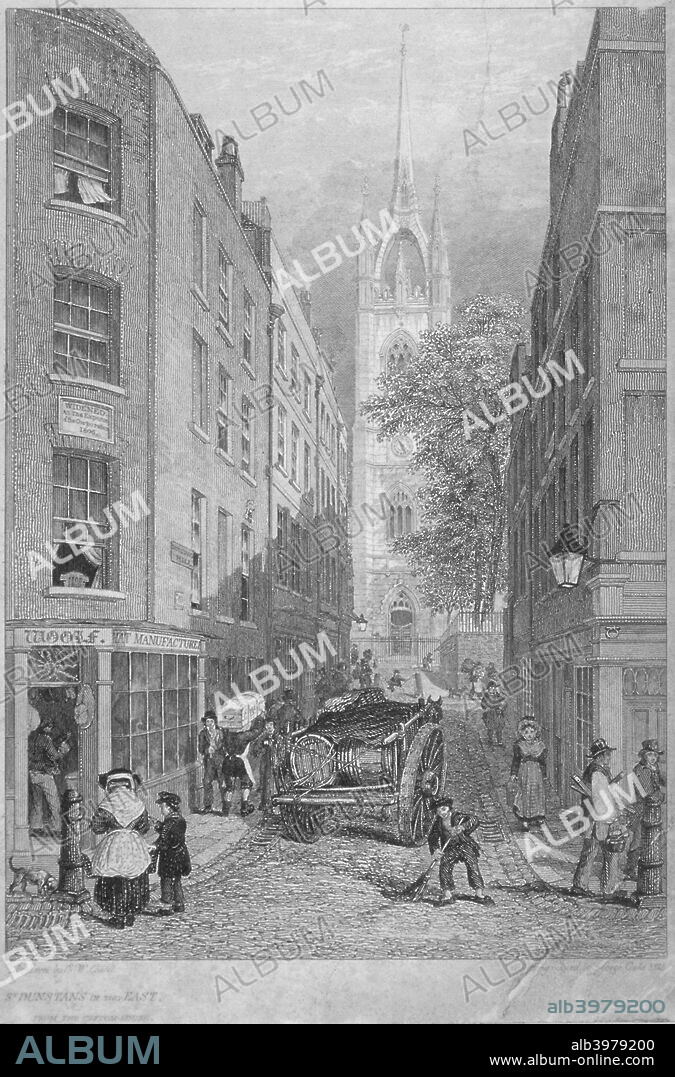 Church of St Dunstan-in-the-East from the Custom House, City of London, 1828. Street scene with figures and a cart on St Dunstan's Hill.