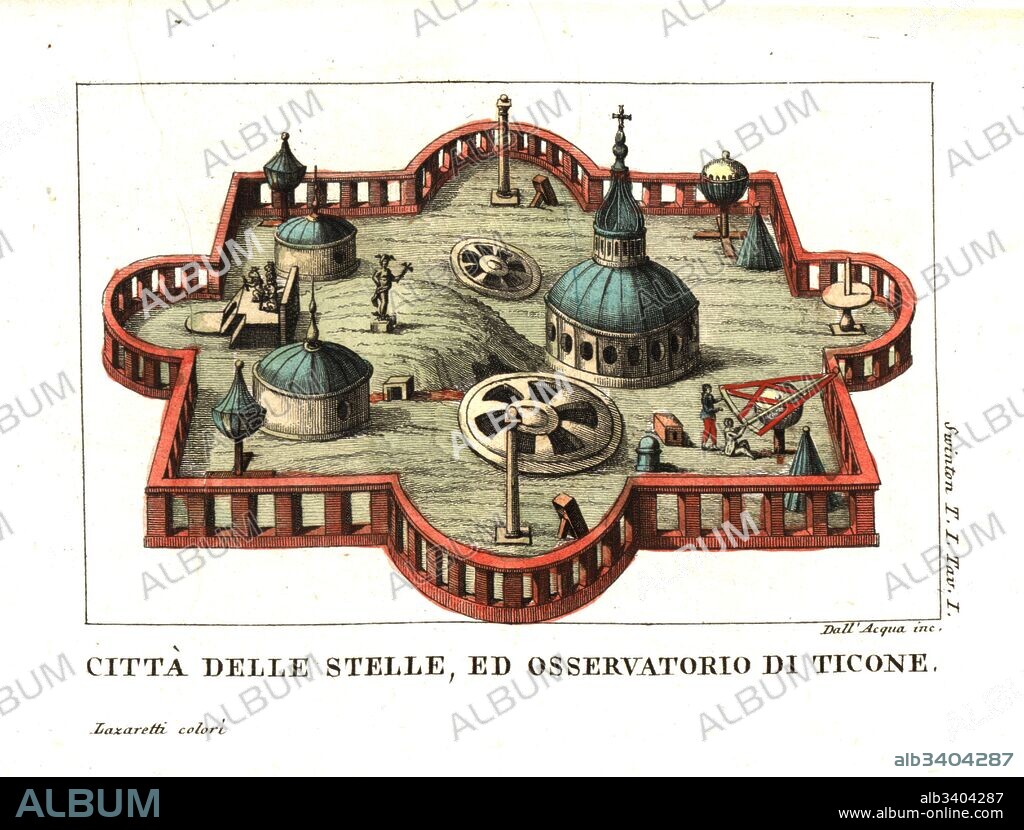 The Uraniborg, or City of Heaven, on the Island of Hven, Denmark. Observatory built by the celebrated Danish astronomer Tycho Brahe. Illustration from Andrew Swinton’s Travels into Norway, Denmark and Russia, 1792. Copperplate engraving by Dell'Acqua handcoloured by Lazaretti from Giovanni Battista Sonzogno’s Collection of the Most Interesting Voyages (Raccolta de Viaggi Piu Interessanti), Milan, 1815-1817.