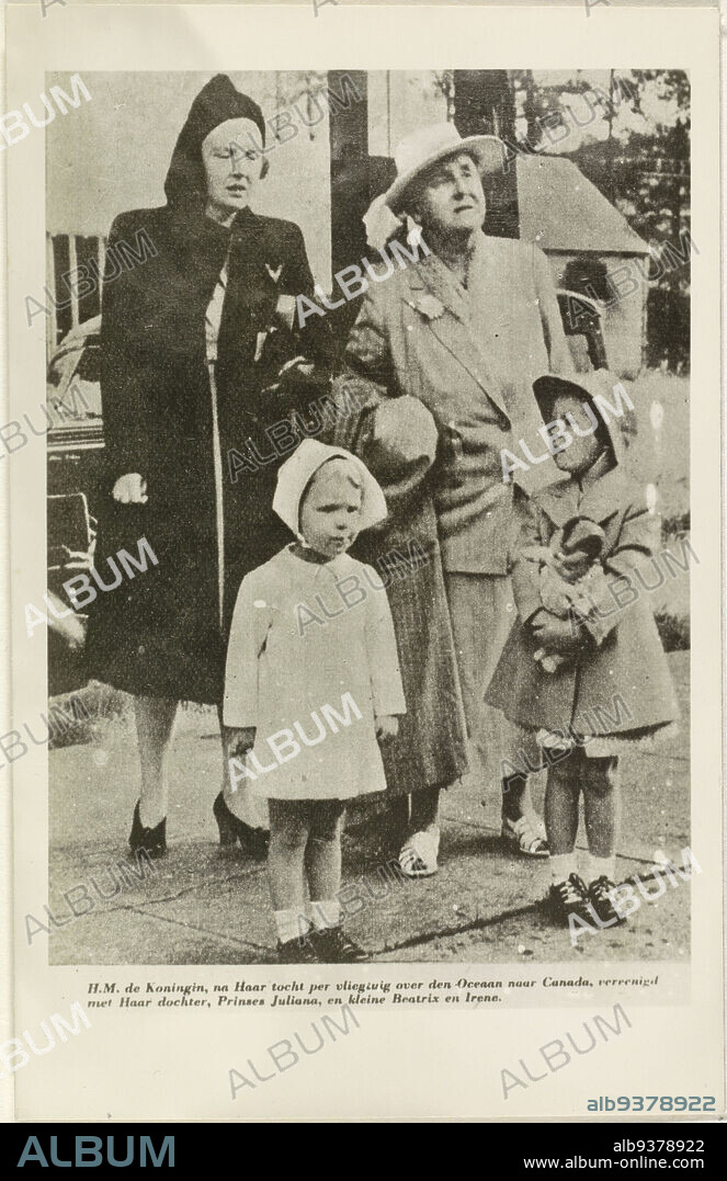 Portrait of Wilhelmina, Queen of the Netherlands, Juliana, Queen of the Netherlands, Beatrix, Queen of the Netherlands, and Irene, Princess of the Netherlands, Portrait of Wilhelmina, Juliana, Beatrix and Irene in Ottawa. In the lower margin two lines of Dutch text., anonymous, anonymous, Netherlands, 1941 - 1943, photographic support, height 139 mm × width 89 mm.