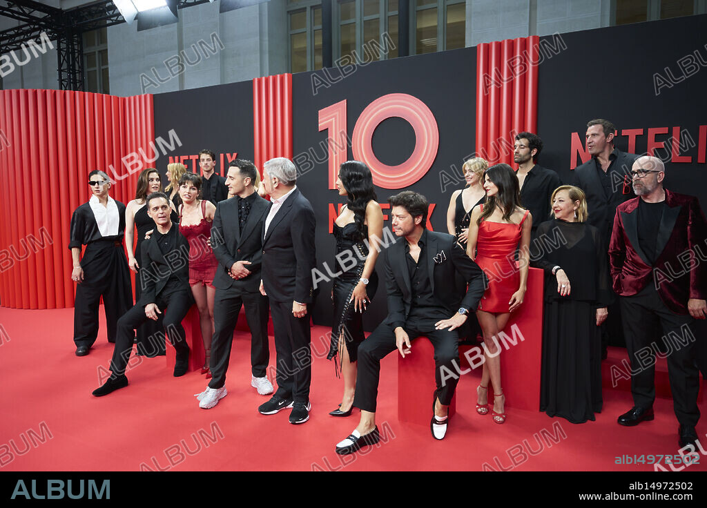 Enzo Vogrincic, Najwa Nimri, Blanca Suarez, Manu Ríos, Ester Exposito, Pedro Alonso, Ursula Corbero, Diego Avalos, Ted Sarandos, Georgina Rodriguez, Clara Galle, Tamar Novas, Alvaro Morte, Clara Lago, Fernando Gil, Carmen Machi, Luis Tosar attends Netflix Spain's 10th anniversary party red carpet at Galería de Cristal on June 11, 2025 in Madrid, Spain.